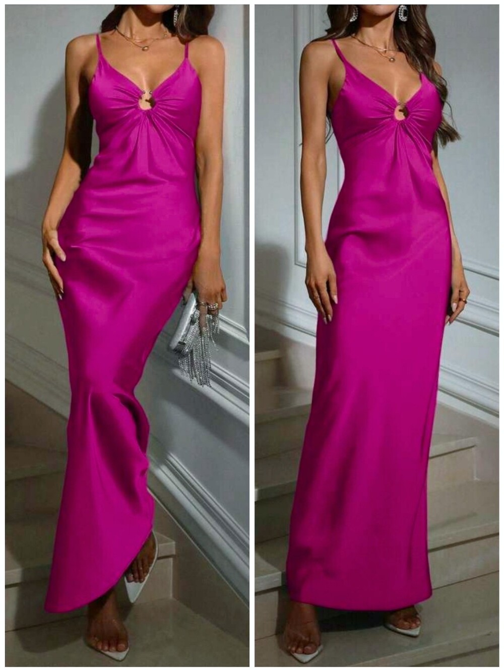 New Chic Keyhole Cami Satin Maxi Slip Dress Pink
